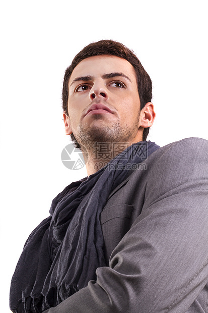 白人青年男子成人围巾衣服男人白色男性工作室姿势图片