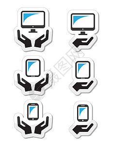 带有计算机 平板 移动电话或手机图标的手标签互联网工具细胞一部分电脑网站蓝色屏幕电话图片