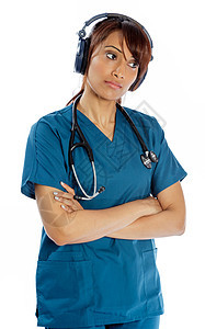 有吸引力的印度妇女孤立在白种背景上医疗全科思维长发悲伤护士医护人员保健职业蓝色图片