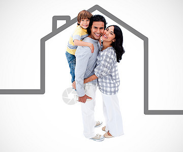 带着灰色房屋插图的幸福家庭站立图片