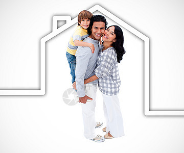 幸福的家庭站在白色背景的白房子插图上 站立着快乐的家庭图片