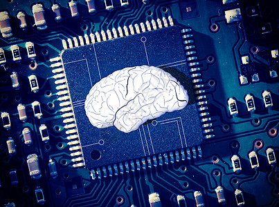 电路大脑蓝电路板中间的大脑背景