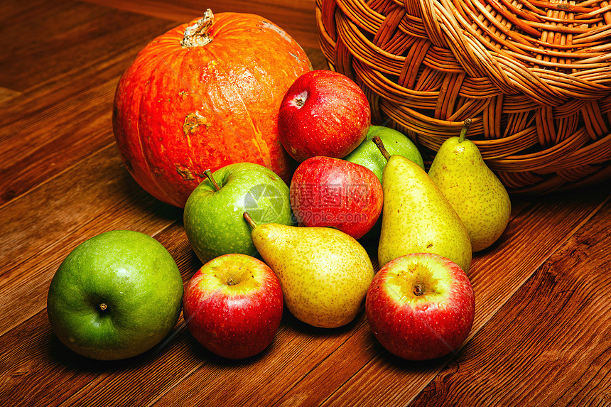 苹果 梨 南瓜卡车农业小吃收成皮肤南瓜蔬菜软垫水果宏观图片