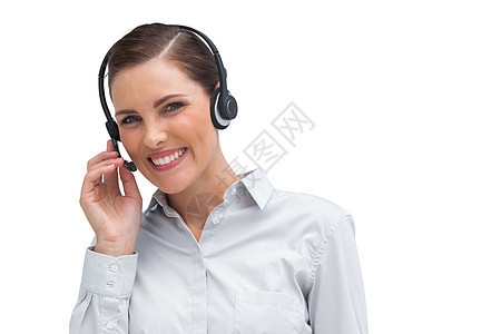 微笑的客户服务代理看镜头 看着镜头衬衫代理人沟通商务中心商业头发女士人士女性图片