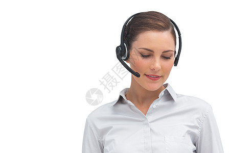 佩戴头盔的微笑呼叫中心代理人士女士女性听力客户头发商务代理人操作员服务图片