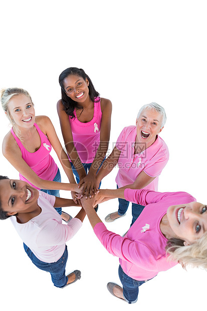 穿着粉色和丝带的快乐妇女 乳癌微笑女士金发女郎健康头发配套多样性背心女性浅色图片