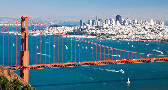 旧金山金门桥全景大桥假期旅行城市旅游商业海滩中心天空蓝色摩天大楼图片