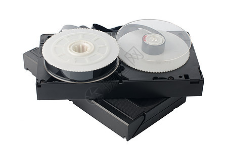 两盘录影带和胶卷光盘技术电影录像带贮存白色视频数据录像机磁带图片