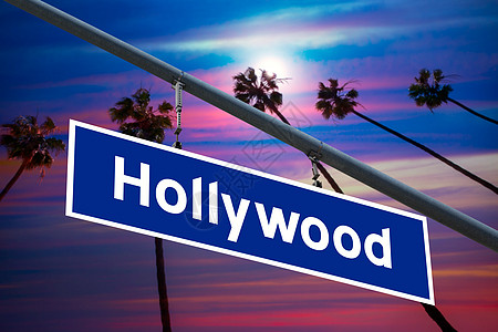 好莱坞加州公路标志 红灯和棕树照片长廊日落假期天堂天空紫色热带棕榈标语蓝色图片