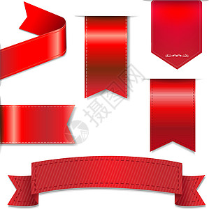 红丝绸素材红网丝带集空白滚动横幅刺绣笔记角落红色庆典收藏乐队插画