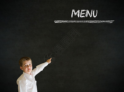 带着粉笔菜单的思考男孩生意男郎用餐白色咖啡店手绘商业模板大学手指商务人士图片