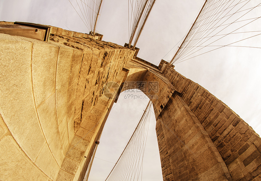 纽约布鲁克林大桥高梁的鱼眼透镜照片吸引力假期观光天际旅行人行道框架地标全景电缆图片