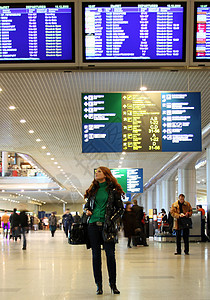 多莫杰多沃机场旅行蓝色地面飞机行李木板女士过境大厅航空图片