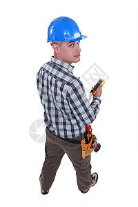 男子多米职业工程师电工工具技术头盔修理安全工作服技术员图片