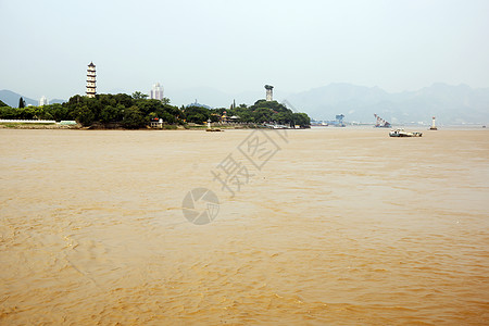 温州江心寺中国文州地貌     河流寺庙船舶码头黄色城市背景