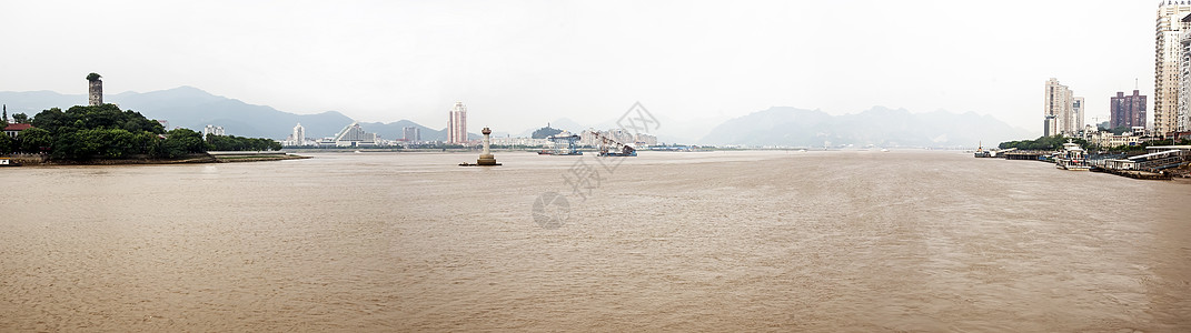 温州江心寺中国文州地貌     河流寺庙城市船舶码头黄色背景
