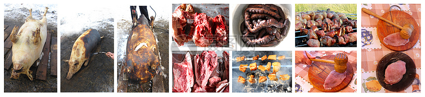 将肉从屠宰场转移到新鲜菜肴的过程烧烤身体烹饪锤子鱼片公猪桌子牛扒皮肤美味图片
