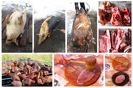 将肉从屠宰场转移到新鲜菜肴的过程半成品美食猪排食物公猪厨房烧烤市场牛肉皮肤图片