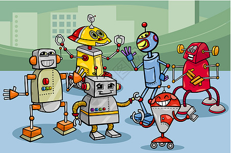 机器人组卡通插图科幻技术轮子科学卡通片玩具漫画微笑金属快乐图片