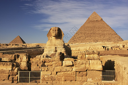 卡弗尔的斯芬克斯和金字塔 埃及开罗纪念碑风景雕像人面法老雕塑天空蓝色大篷车狮身图片