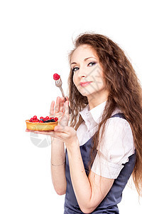 女人享受蛋糕食物早餐美丽浆果垃圾水果营养商业甜点女孩图片