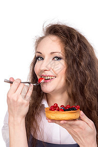 女人享受蛋糕思考水果营养垃圾女孩油炸早餐糕点商业甜点图片