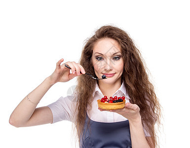 女人享受蛋糕营养女孩糕点黑发水果思考垃圾油炸甜点商业图片