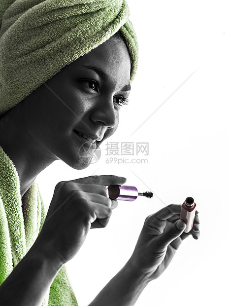 女人和美色粉刷圆周睫毛膏女士身体阴影成年人刷子毛巾浴衣护理化妆品图片