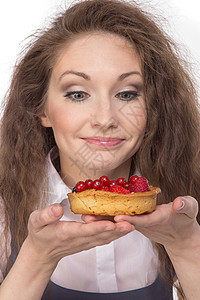 女人享受蛋糕美丽早餐黑发浆果营养女孩糕点油炸商业垃圾图片