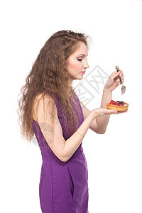 女人享受蛋糕甜点早餐情绪糕点商业女孩水果营养女性美丽图片