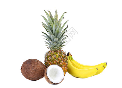 菠萝香蕉菠萝 椰子和香蕉棕色绿色植物养分蔬菜白色甜食饮食水果美食背景
