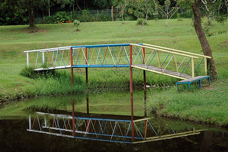 池塘上的一座桥天桥建筑学小路溪流草地植物公园人行道行人旅行图片
