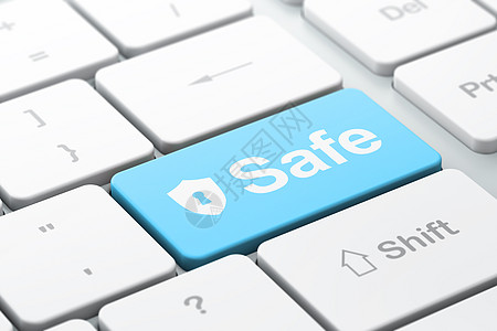 安全概念 有钥匙孔的盾牌和计算机键盘上的安全图片