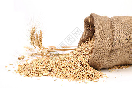 包里有谷物和小麦耳朵稀饭盘子食物粮食白色稻田燕麦食品种子营养图片