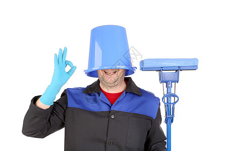人头在桶里工作服工人拖把刷子卫生海绵用具手套乐器家庭图片