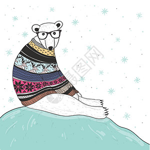 圣诞卡 带可爱的时髦北极熊 带着漂亮的西装色羊毛衫图片