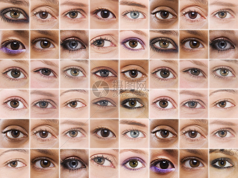 网格中女性眼睛的数字组合妇女女士种族化妆品群体影棚大群人个性眼影鸢尾花图片