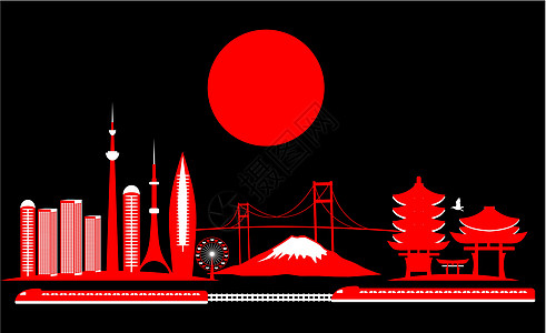 日本旅行东京大城市矢量艺术景观红色橙子建筑旅游城市房屋天际反射插图设计图片