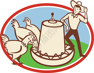 鸡农户喂养者卡通插图公鸡农业农场农民艺术品卡通片牛仔仇恨家禽图片