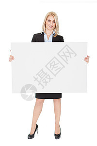 展示空板的勤奋女商务人士商务推介会人士黑发女孩工作横幅微笑广告牌工人图片