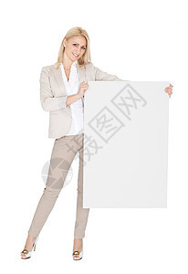 展示空板的勤奋女商务人士工人黑发横幅卡片木板商业金发微笑商务人士图片