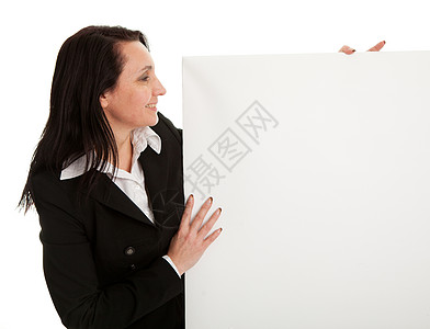 展示空板的勤奋女商务人士工人女士横幅海报黑发卡片女性推介会木板人士图片