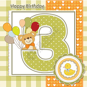 生日贺卡三周年纪念日插图婴儿男生周年乐趣鸭子艺术正方形横幅气球背景图片