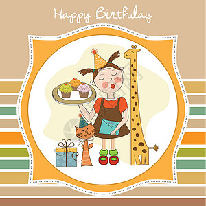 生日贺卡快乐 有有趣的女孩 动物和纸杯蛋糕巧克力周年风格奶油糖果食物涂鸦蛋糕庆典孩子们图片