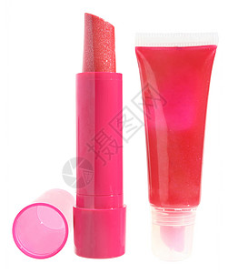 唇膏和口红唇彩化妆品管子粉色红色背景图片
