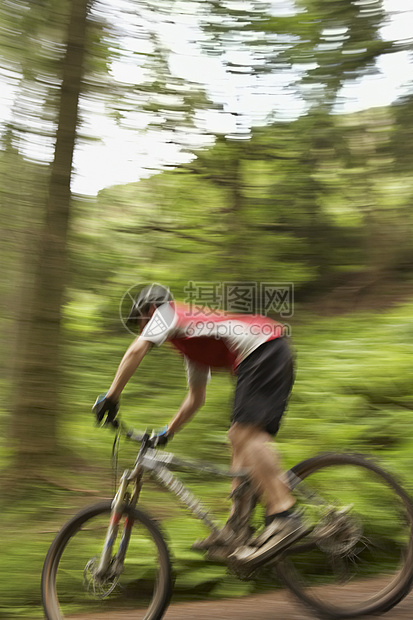 农村男骑自行车者走上轨道生活方式骑术活动自行车中年人山地运动森林成人中年图片