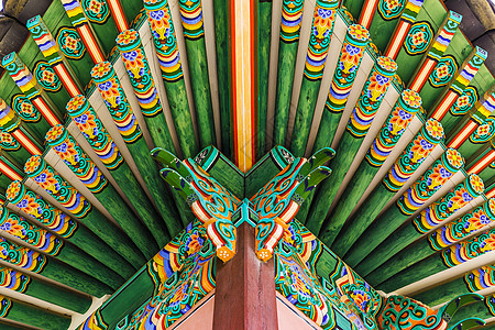 木制建筑传统油漆 dancheong房子装饰品蓝色文化历史建筑学古董寺庙雕塑丹青图片
