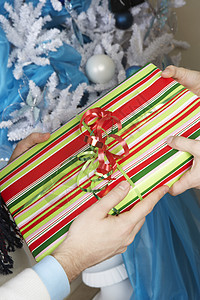 用圣诞树交换礼物的手贴紧了背景图片