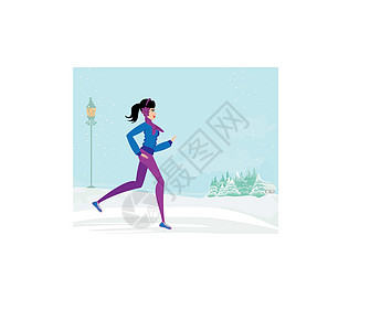 冬天跑步的弱小女孩活力肌肉房子运动女性手筒享受插图娱乐闲暇图片