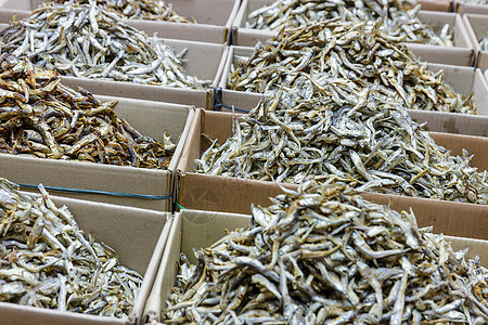 供市场销售的干枯鱼尾鱼海鲜白色银鱼食物美食盒子摊位图片